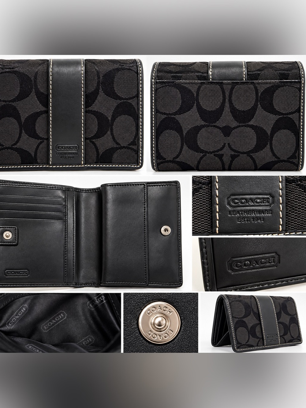 Coach Signature C Black Jacquard Leather Bifold Wallet Card Organizer